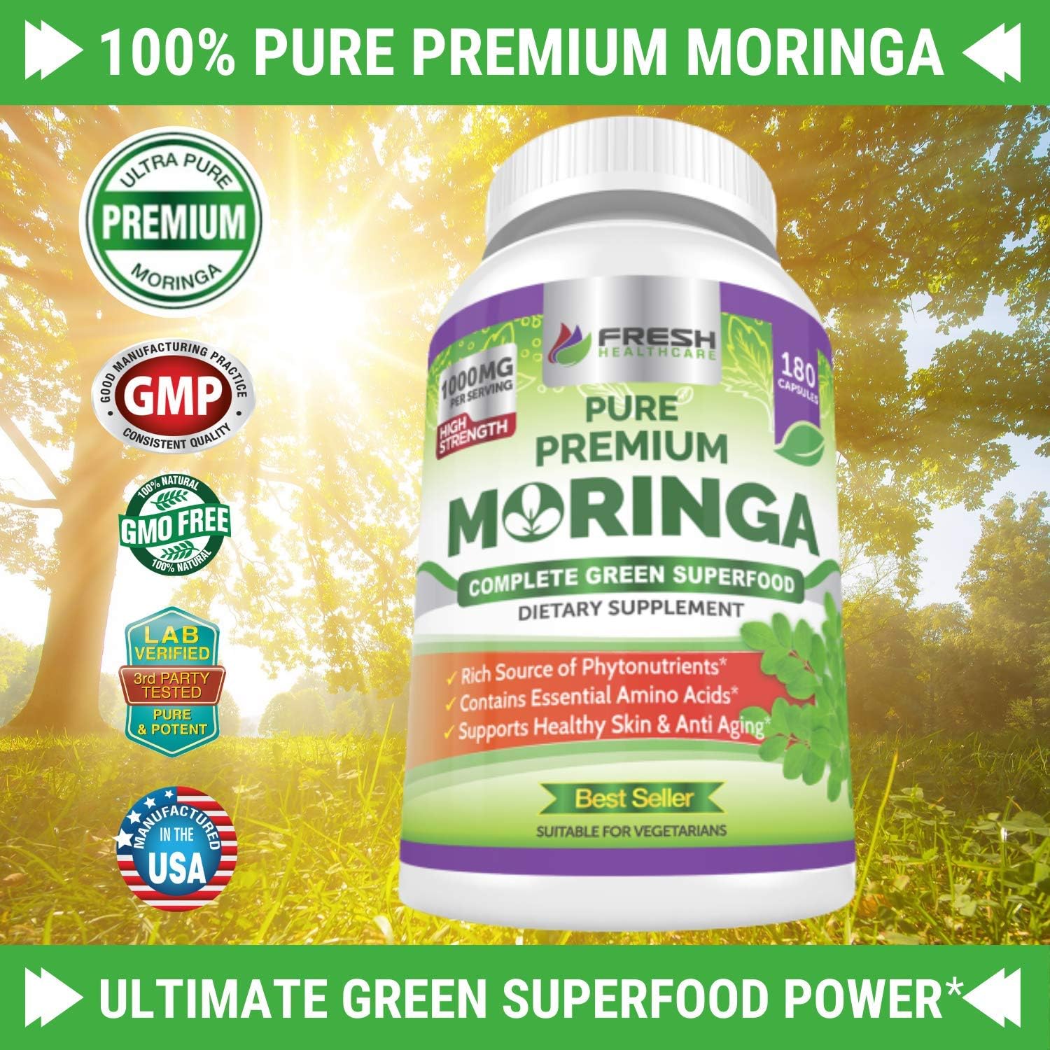 Moringa Oleifera 180 Capsules – 100% Pure Leaf Powder - Max 1000mg Per Serving - Complete Green Superfood Supplement - Full 3 Month Supply - Pure Miracle Tree Moringa Super Greens Powder Vegan Caps: Health & Personal Care