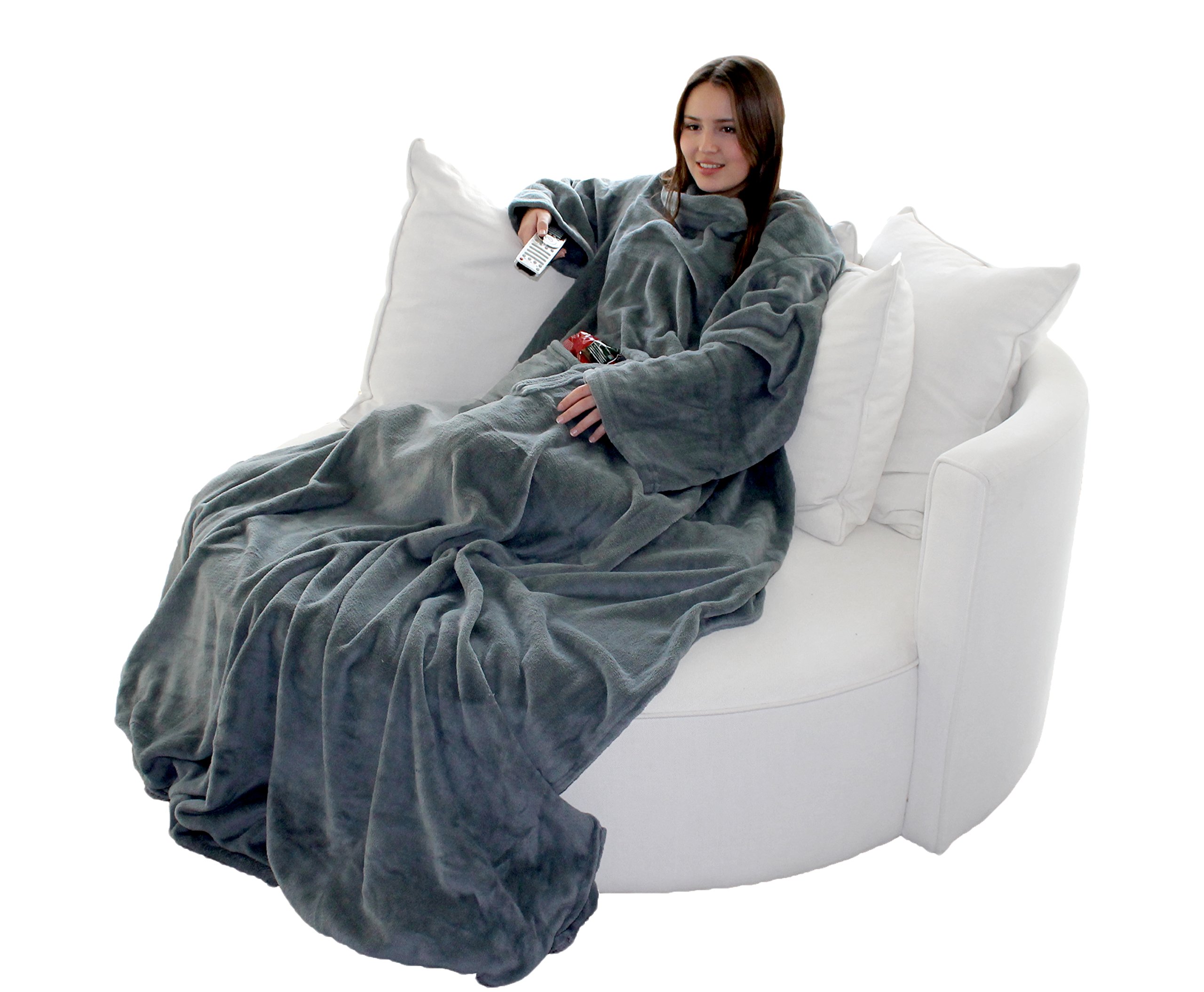 Brandsseller - Wearable Snuggle Blanket Adult with Sleeves and Pockets 60" x 70" - Grey