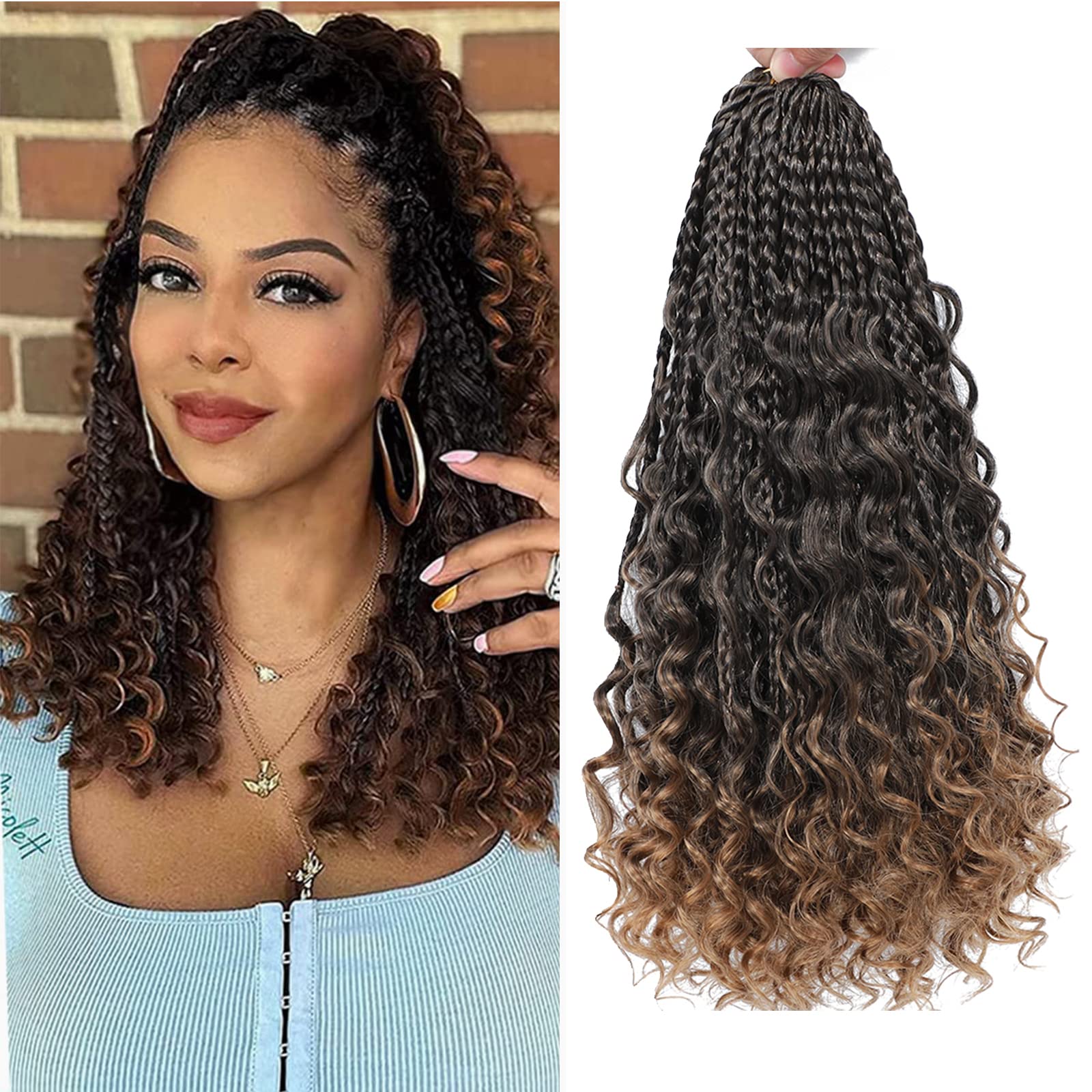 WoWCFyyds 8 Packs Goddess Box Braids Extensions 14 inch Bohemian Hippie Braids with Curly Ends Synthetic Crochet Hair Extension for Black Women（1B/30）