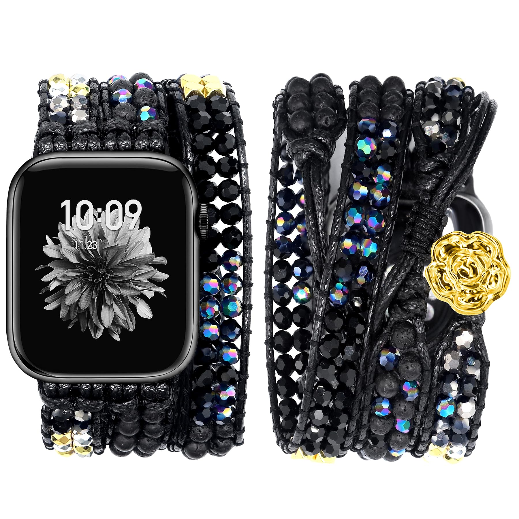 Photo 1 of JR.DM Boho Beaded Band Women Compatible with Apple Watch 42mm(S3/2/1) 44mm 45mm 46mm 49mm Black Volcanic Rock Stone Bracelet Adjustable Braided Strap for iWatch Series 11/10/9/8/7/6/5/4/SE 3/2/1/Ultra