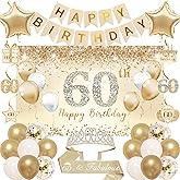 Trgowaul 60th Birthday Decorations for Women, 30pcs Champagne Gold Happy Birthday Party Supplies, 60th Crown and Sash, Banner, Hanging Swirl Flag, Balloons, 60 Year Old Party Decorations Kit