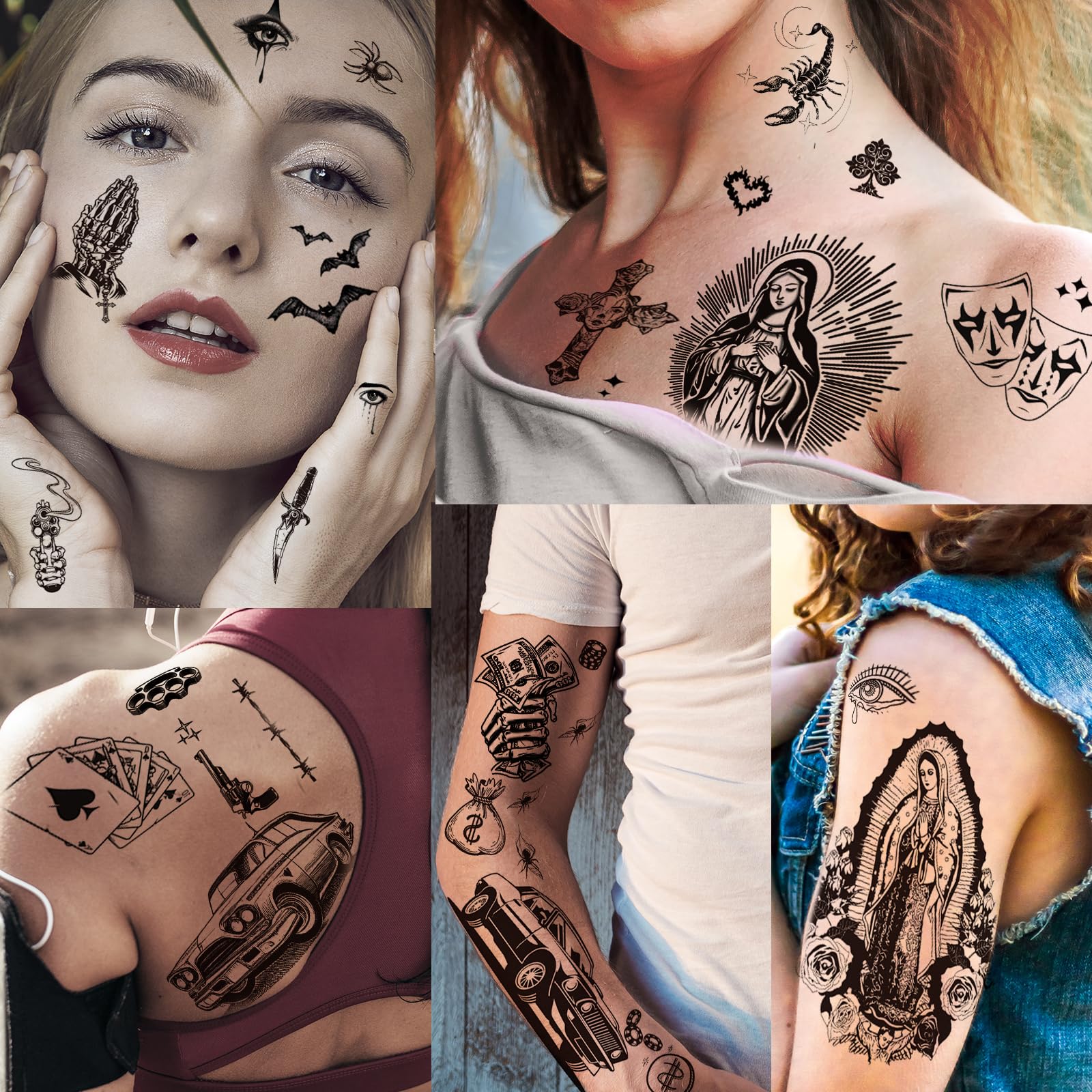 12 Sheets Large Chicano Temporary Tattoos, Cholo and Chola Temporary Tattoos, Chicana Guadalupe Gangster Fake Tattoos Day of the Dead, Día de Muertos, Tatuajes Temporales, Halloween Mexico Tattoos