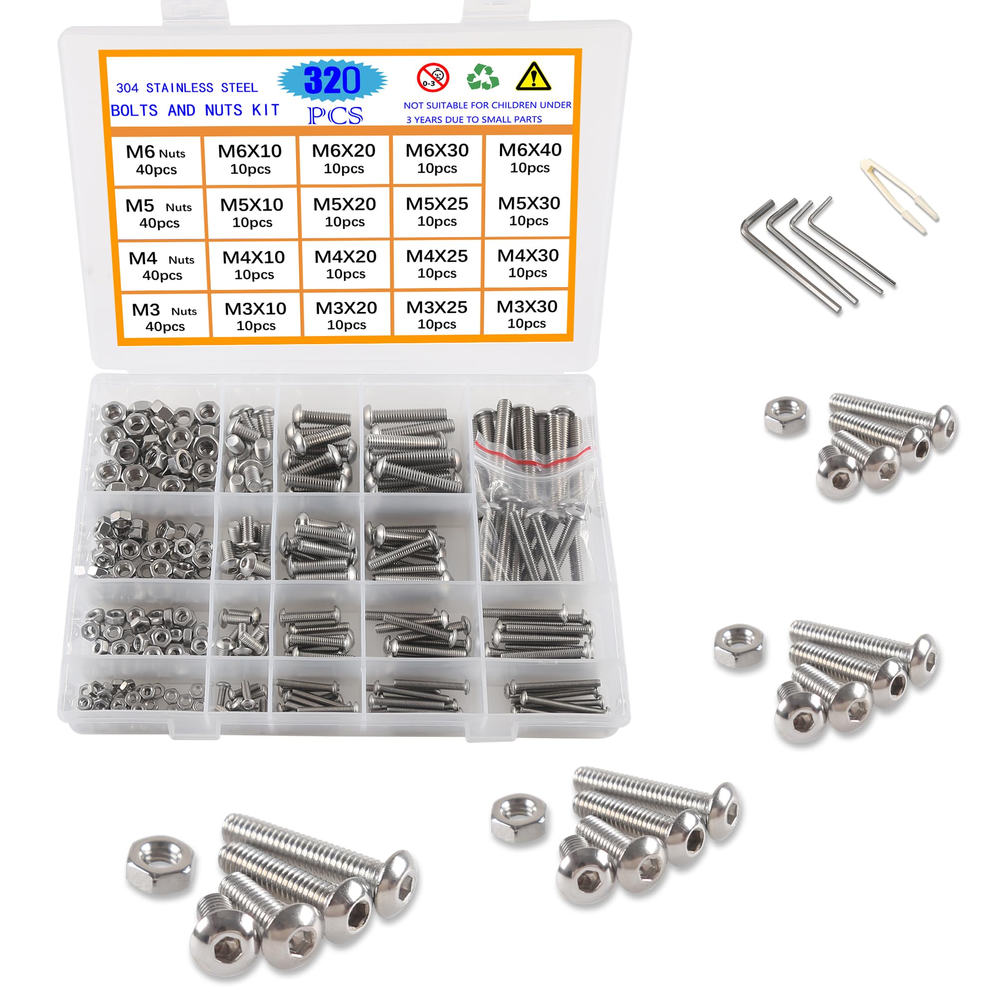 newlng Screw and Nuts Set M3 M4 M5 M6 Bolts and Nuts set 304 Stainless steel Round button head Lens head Hexagon Nuts and Bolts Sets with Spanner Assortment kits 320piece