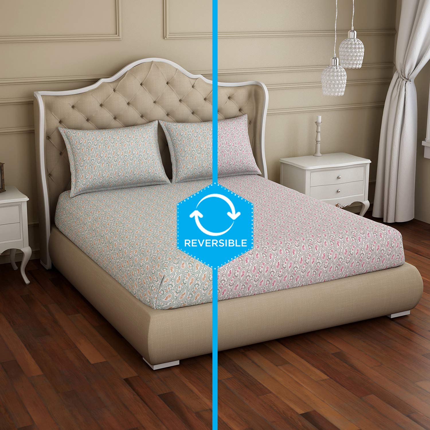 Welspun 2in1 Pink & Orange Reversible 1 Double Bed Sheet with 2