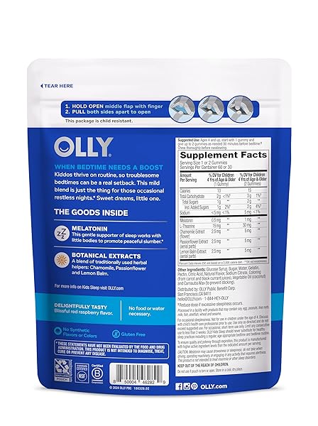 OLLY KIDS SLEEP GUMMY, 0.5MG MELATONIN, L THEANINE, CHAMOMILE, AND LEMON BALM, CHILDRENS CHEWABLE SUPPLEMENT, OCCASIONAL SLEEP SUPPORT, RASPBERRY – 60 COUNT
