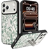 SOKAD for iPhone 17 Pro Max Case with Finger Strap Kickstand, Vintage Sage Floral Flower Phone Case with Finger Hand for Women Girls, Slim Full Camera Protection Shockproof Cover, Green