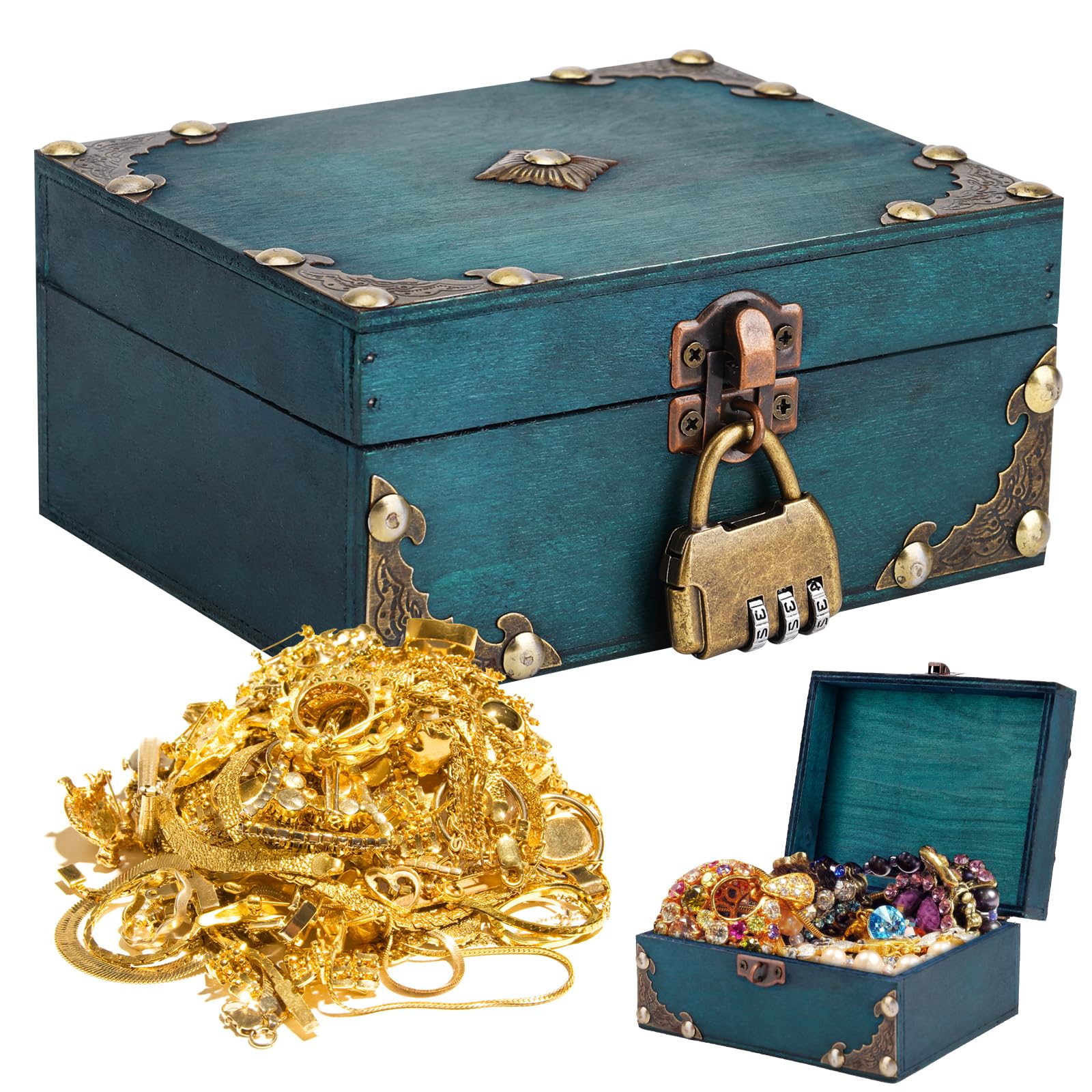 AMPUTEE Pirate Treasure Chest Storage Box, Wooden Treasure Chest with Lock, Vintage Handmade Decorative Storage Box for Jewellery Toy Halloween Christmas Gifts（5.9x4.7x2.8in）