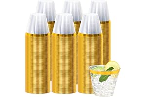 300 Pcs Gold Plastic Cups,9Oz Gold Rimmed Plastic Cups,Heavy Duty Gold Rim Clear Disposable Plasitc Cocktail Tumblers Wine Cu