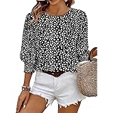 Halife Womens Blouses 3/4 Sleeve Dressy Tops Business Casual Crew Neck Smocked Cuffed Shirts