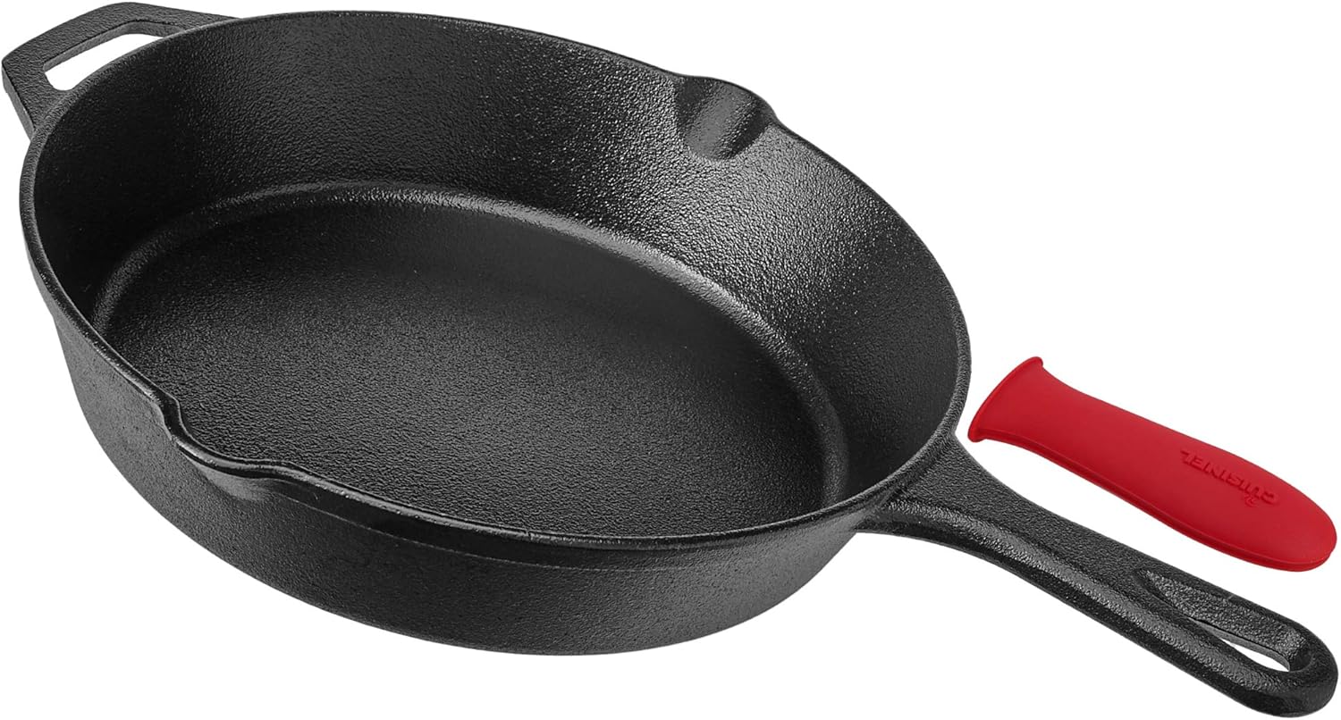 Pre-Seasoned Cast Iron Skillet (10-Inch) with Glass Lid and Handle Cover Oven Safe Cookware - Heat-Resistant Holder - Indoor and Outdoor Use - Grill, Stovetop, Induction Safe: Kitchen & Dining