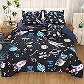 JQinHome Full Space Comforter Set for Kids,6 Piece Bed in A Bag 3D Galaxy Space Rocket Planets Bedding Set for Teens Boys Girls with Pillowcases,Flat Sheet,Fitted Sheet,Cushion Cover