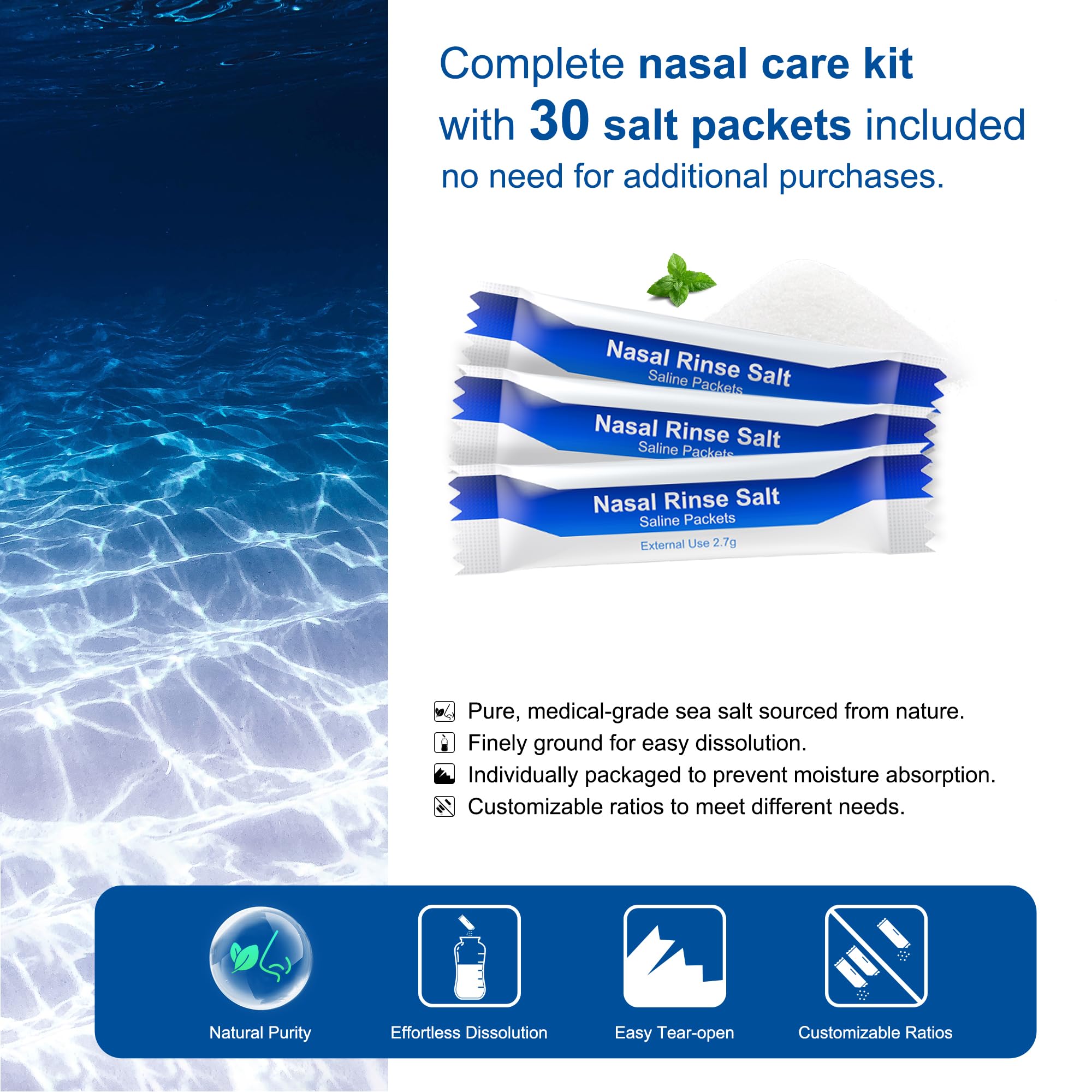 MAOEVER Neti Pot Sinus Rinse Bottle Nose Wash Cleaner Pressure Rinse Nasal Irrigation for Adult & Kid BPA Free 300 ML with 30 Nasal Wash Salt Packets and Sticker Thermometer(Blue)