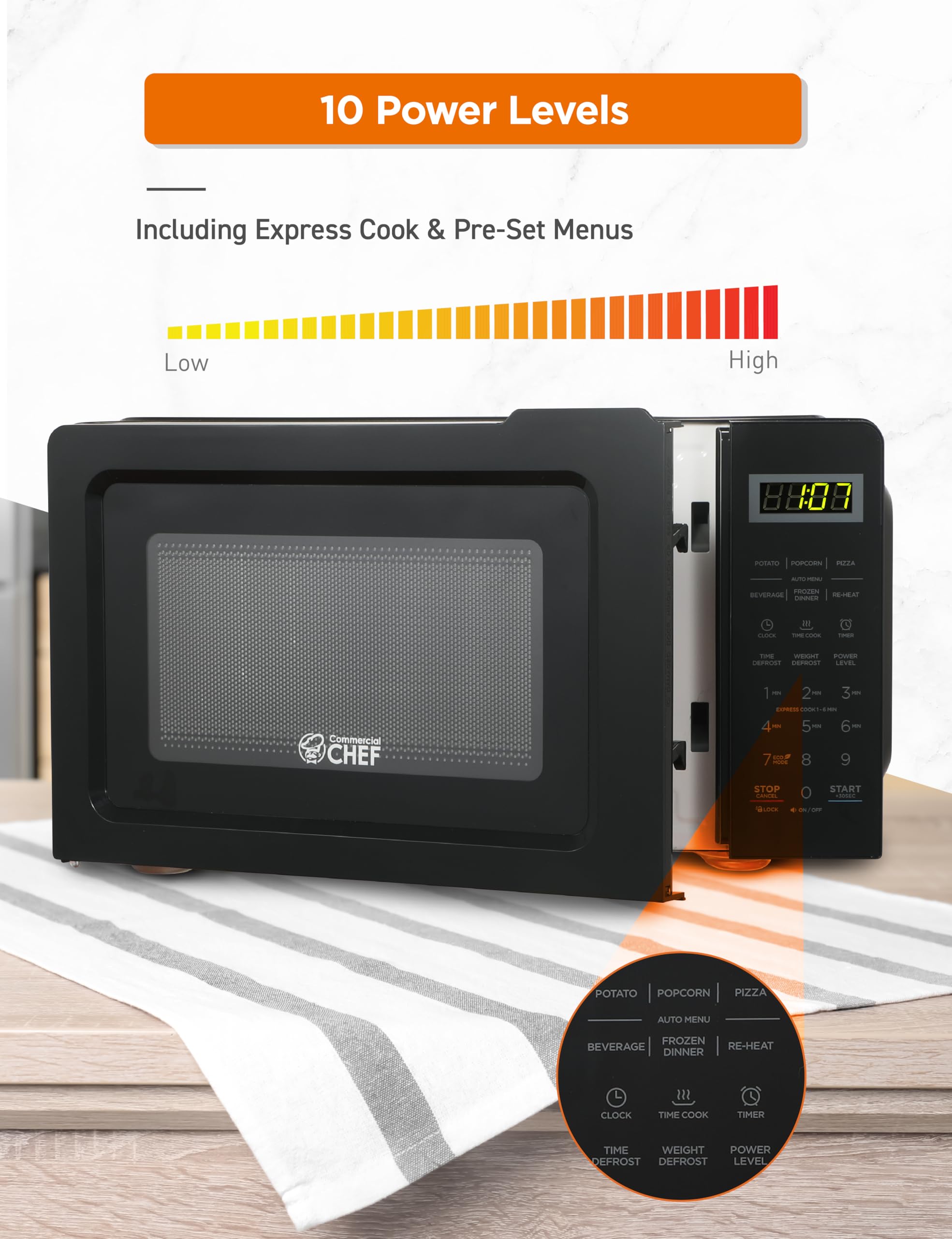 COMMERCIAL CHEF 0.7 Cubic Foot Microwave with 10 Power Levels, Small