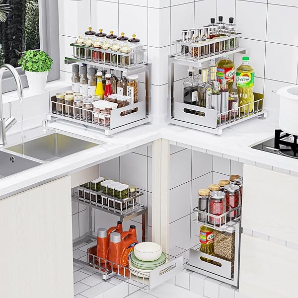 TOYEAR UNDER SINK ORGANIZER, HEAVY DUTY METAL PULL OUT CABINET ORGANIZER SLIDE OUT SINK SHELF ORGANIZER HEIGHT ADJUSTABLE, MULTI-PURPOSE STORAGE SHELF FOR KITCHEN BATHROOM(SLIVER,1PACK)