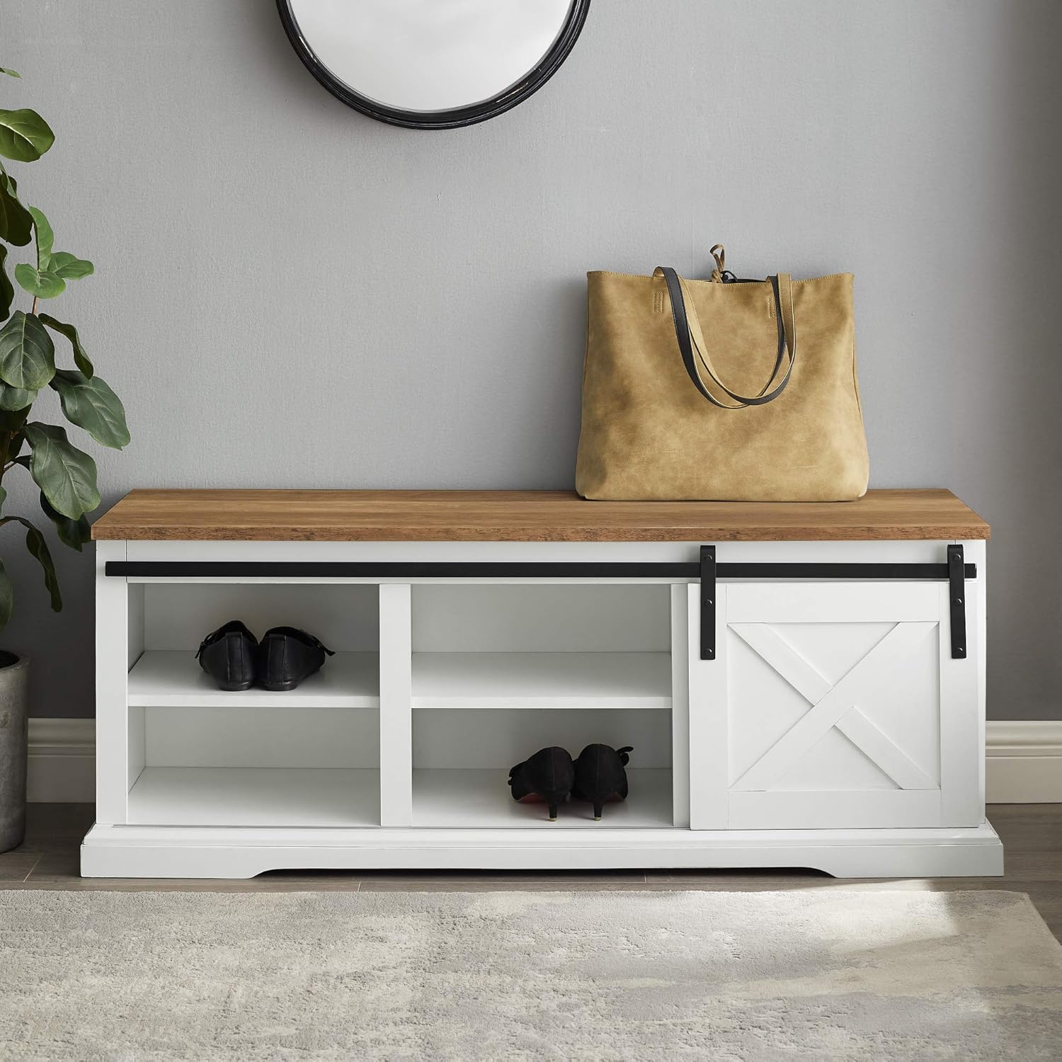 Walker Edison Farmhouse Sliding Barn Door Entryway Bench Shoe Storage Shelf Hallway Organizer, 48 Inch, White: Kitchen & Dining