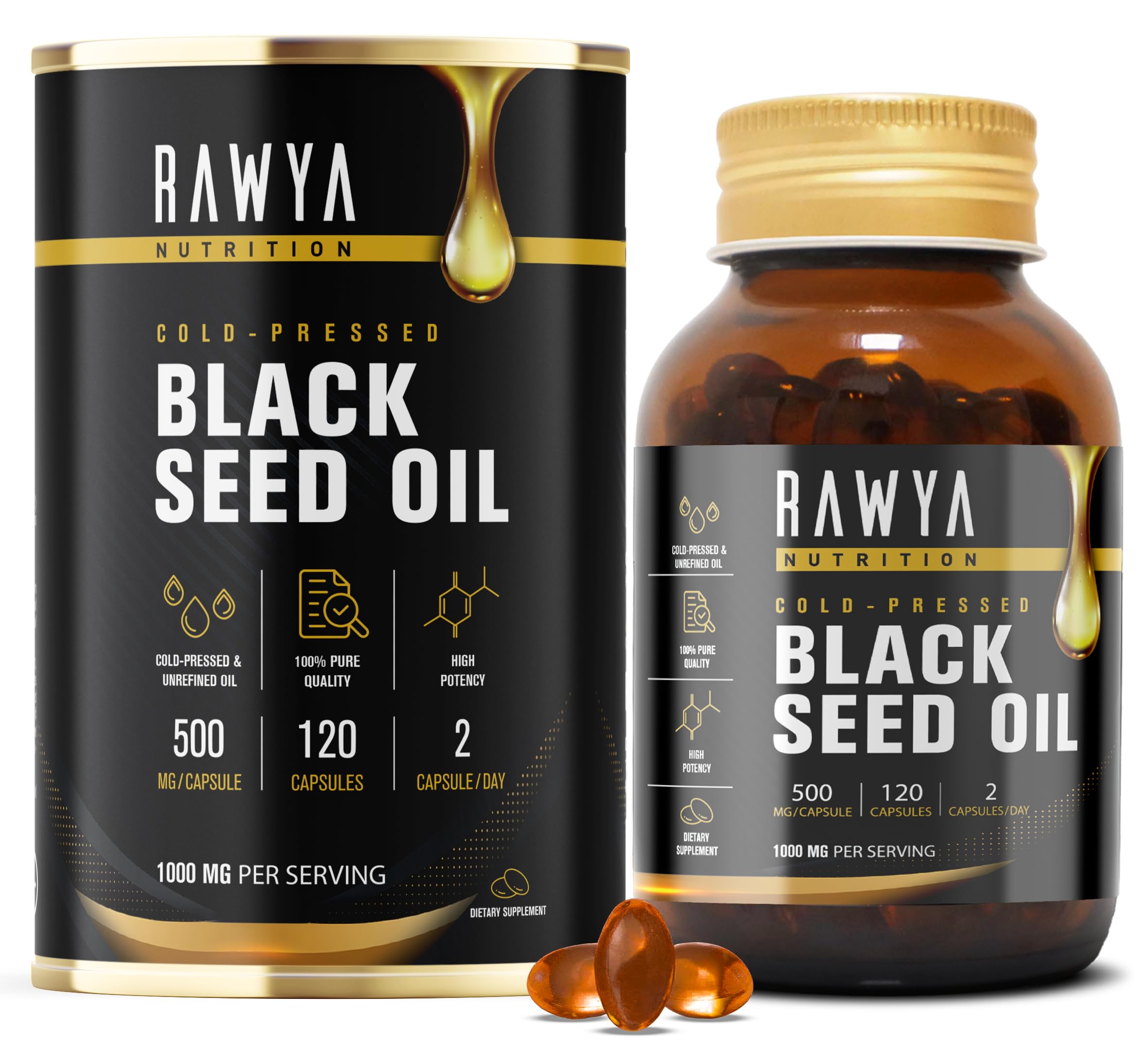 Rawya Black Seed Oil - 120 Softgel Capsules, Cold-Pressed Nigella Sativa, Pure Black Cumin Seed Oil, Rich in Omega Fatty Acids, Cumin Seeds for Radiant Skin & Hair Nourishment - 500mg Each