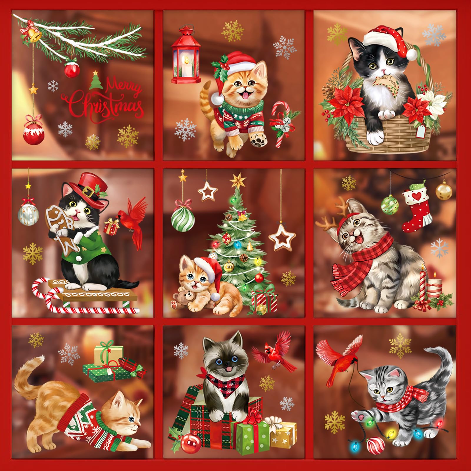 decalmile Christmas Cats Window Clings Reusable Kitty Animal Xmas Tree Cardinal Birds Window Decals Double Side Printed Window Stickers Glass Door Home Party Supplies Showcase Decoration