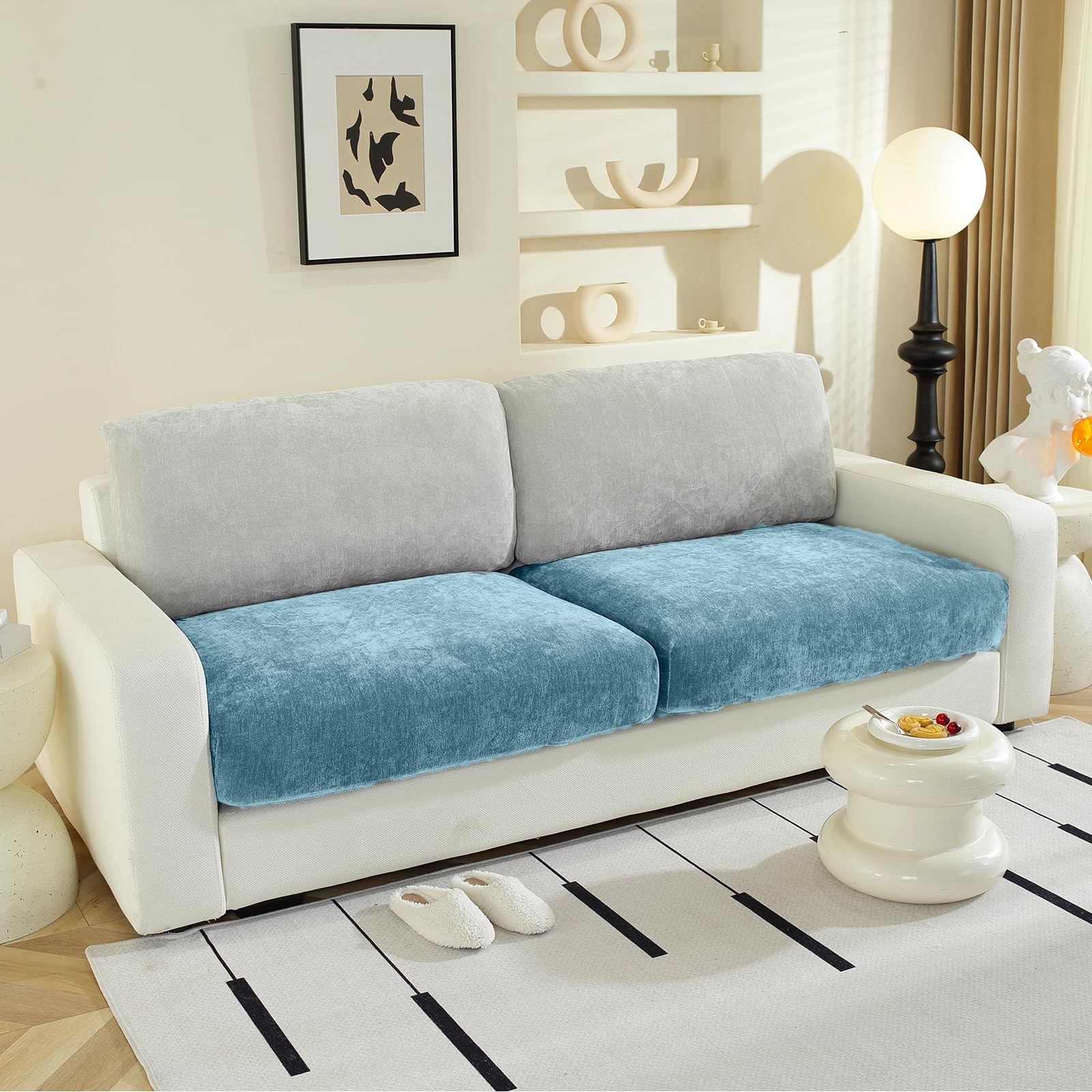 Photo 1 of WEYOND Couch Cushion Covers Individual Large Super Stretch Chenille (Softer Version) Sofa Cushion Covers, Couch Seat Covers Couch Slipcovers Furniture Protector (2PC, Blue)