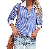 SUNNOW Women's Blue White Striped Long Sleeve Shirt Classic Pinstripe Button Down Business Casual Blouse with Contrast Collar