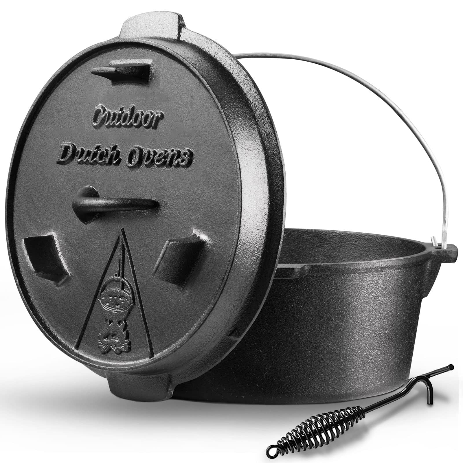 Photo 1 of Camping Dutch Oven, 9 Qt Pre-Seasoned Camping Cookware Pot with Lid - Lid Lifter, Cast Iron Dutch Oven with Metal Handle for Cooking BBQ Baking Campfire Modern Black