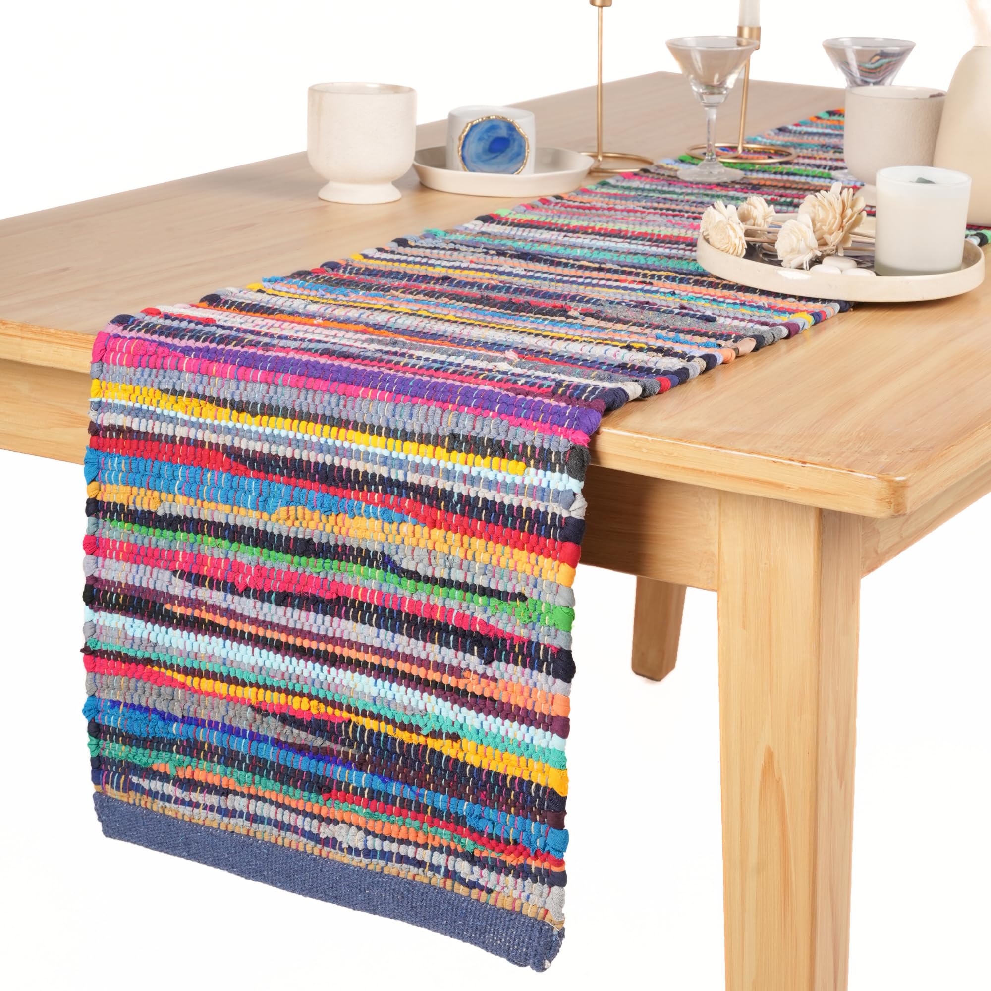 Chindi Rag Table Runner - Indian Ethnic Vintage Dining Table Decoration Colorful Coffee Table Placemat Pure Cotton Hippie Decor 14 X 72 Inches