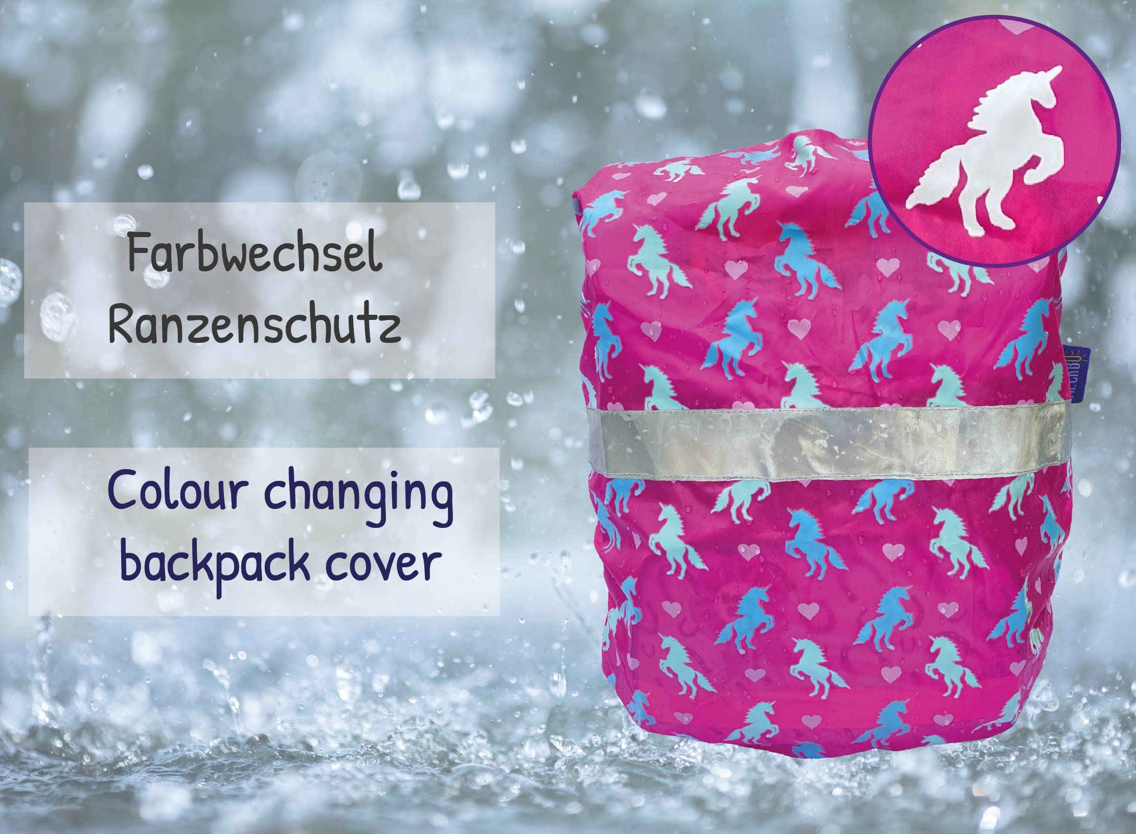 HECKBO Kinder Regenschutz Ranzenschutz Ranzen Rucksackhülle Einhorn - Farbwechsel bei Nässe - Reflektierende Sicherheitsstreifen - Wasserfestes Polyester - Universalgröße Einheitsgröße 3