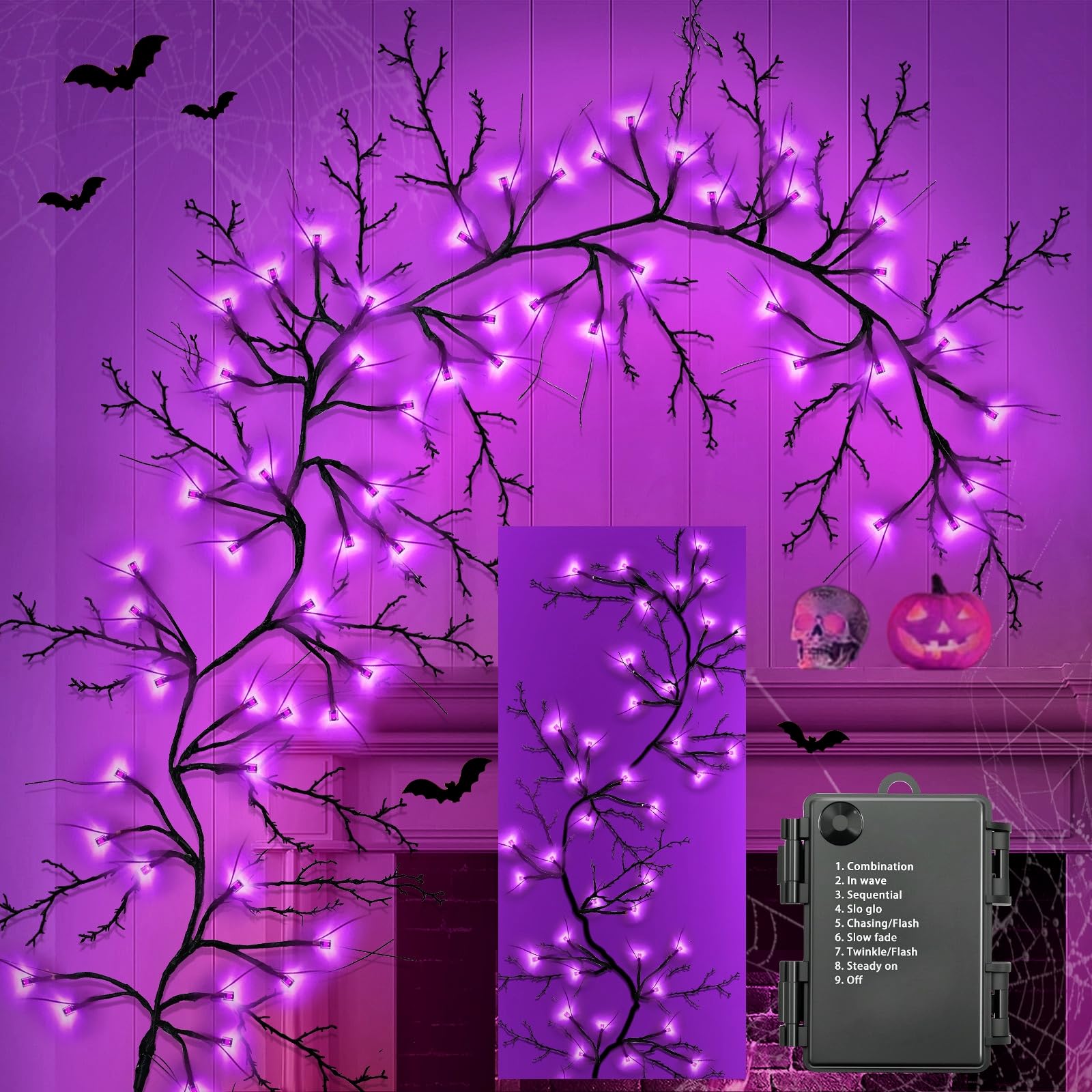 Photo 1 of [8 Modes & Timer] 6 Ft 54LED Halloween Garland with Lights, Purple Willow Vine Twig Garland Battery Operated Indoor Outdoor Fireplace Table Wall Home Party Halloween Decorations