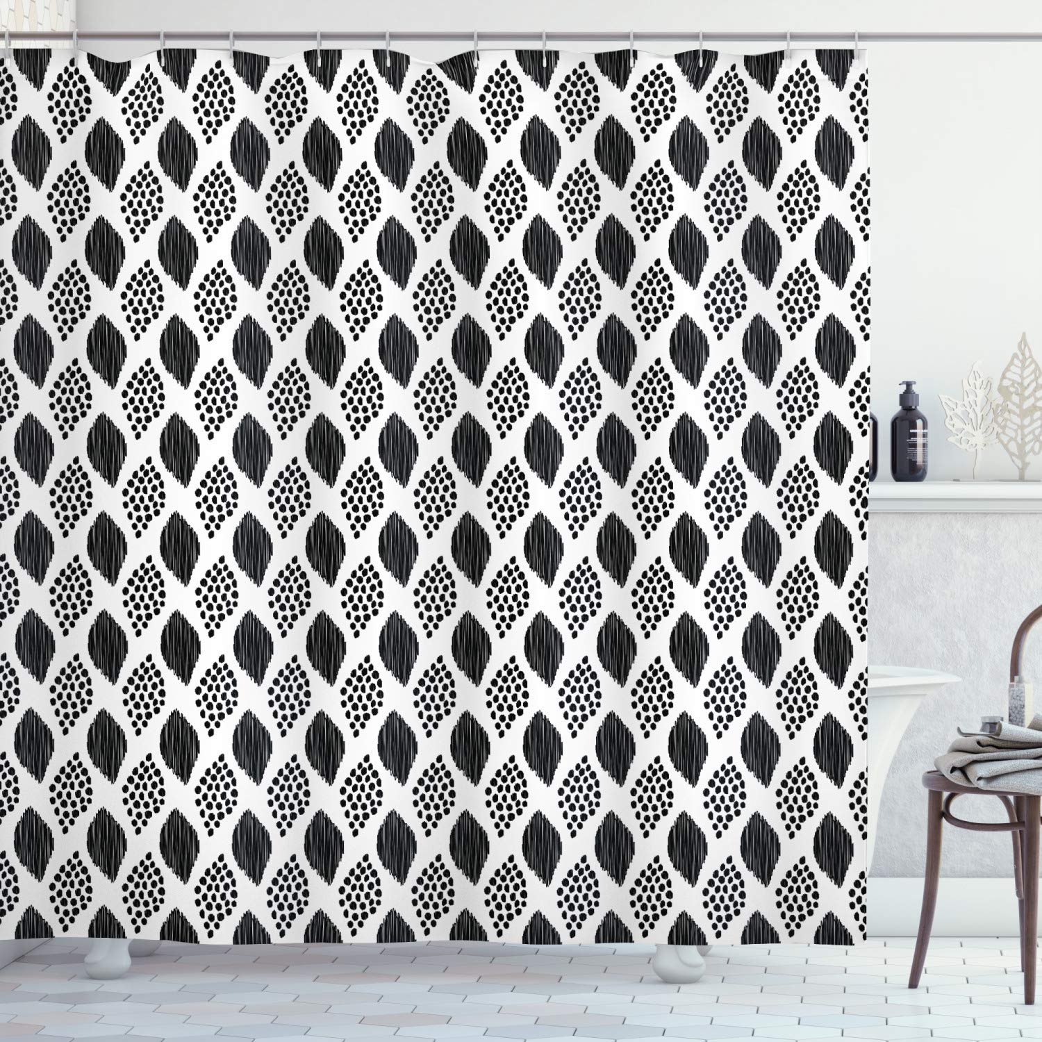ABAKUHAUS Black and White Shower Curtain, Scribble Pattern with Abstract Black Dotted Leaves on White Background, Cloth Fabric Bathroom Decor Set with Hooks, 175 x 200 cm, White Black Grey