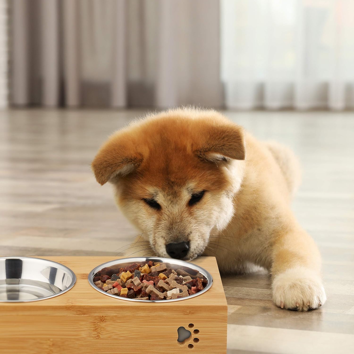 Relaxdays Feeding Station for Small Dogs 2 Bowls, 300 ml, Raised, Bamboo, Stainless, HWD: 6.5x31.5x15 cm, Natural/Silve - Image 4