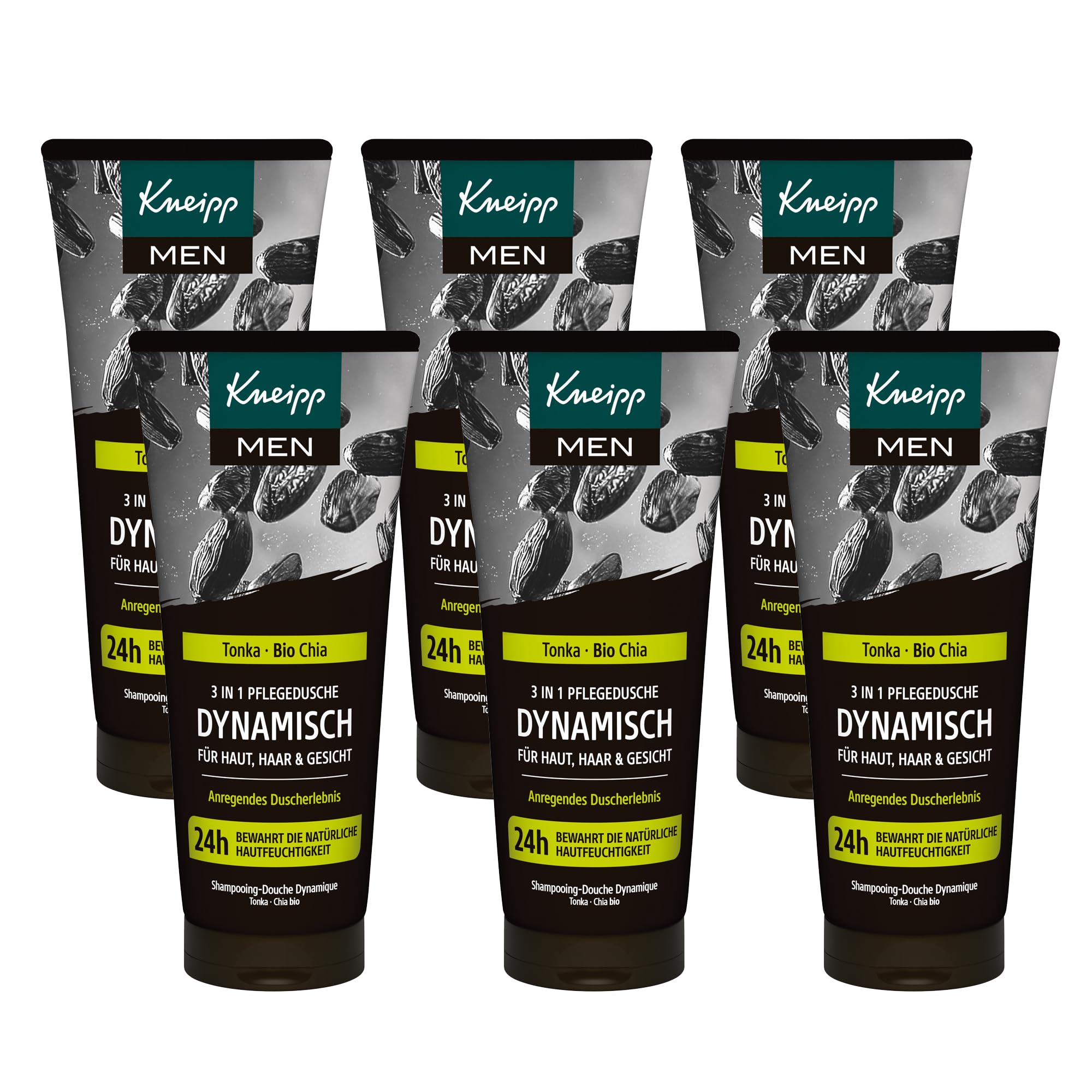 Kneipp MEN 3 in 1 Dynamisch Pflegedusche - Multipack - Mit Extrakten aus Tonkabohne und Bio Chia - Duschgel für Haut, Haar & Gesicht - 6 x 200ml