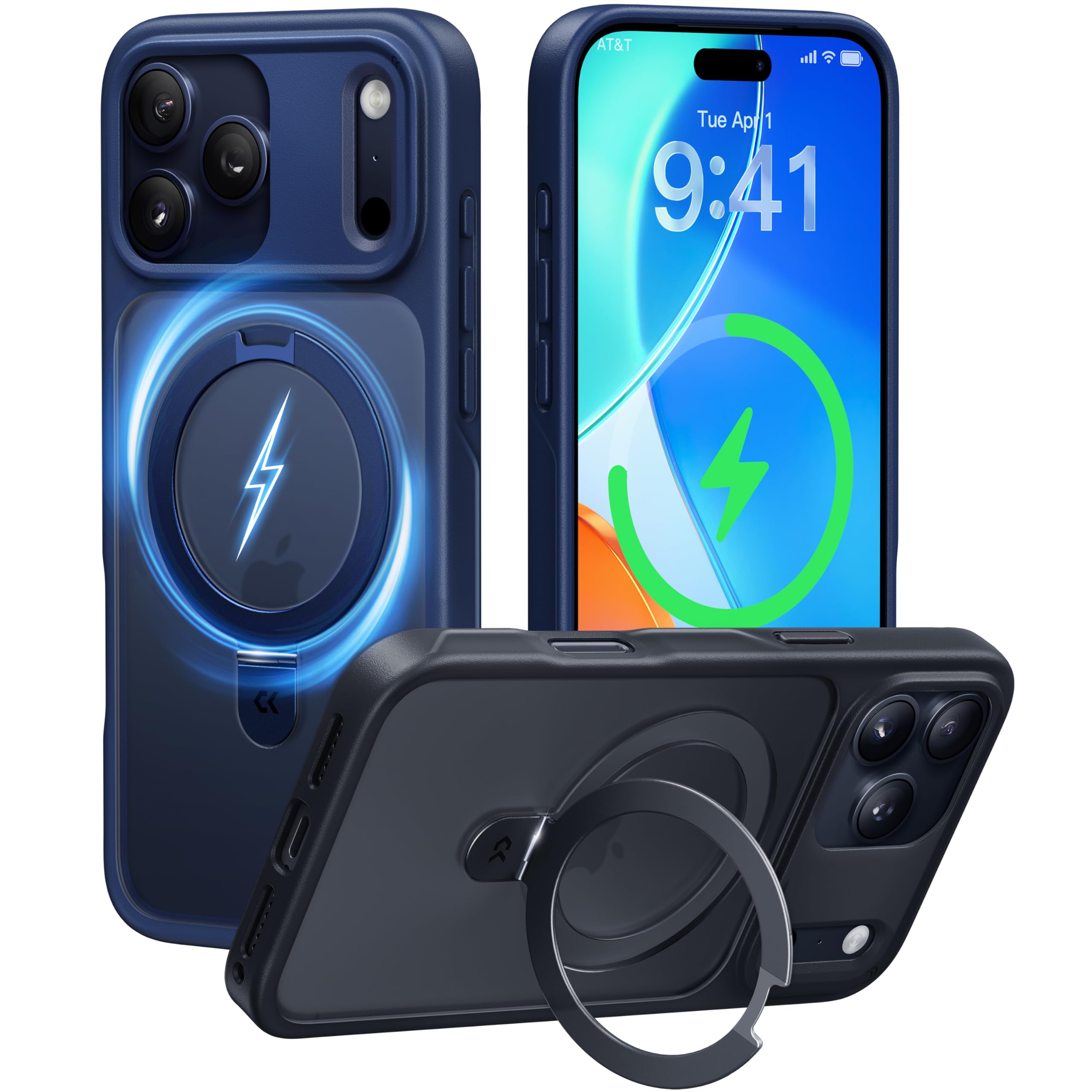 Photo 1 of CASEKOO Ultra-Magnetic Stand for iPhone 17 Pro Case [Military Drop Protection] [Compatible with MagSafe] Shockproof Translucent Matte Slim Ring Holder Case for iPhone 17 pro 6.3", Deep Blue