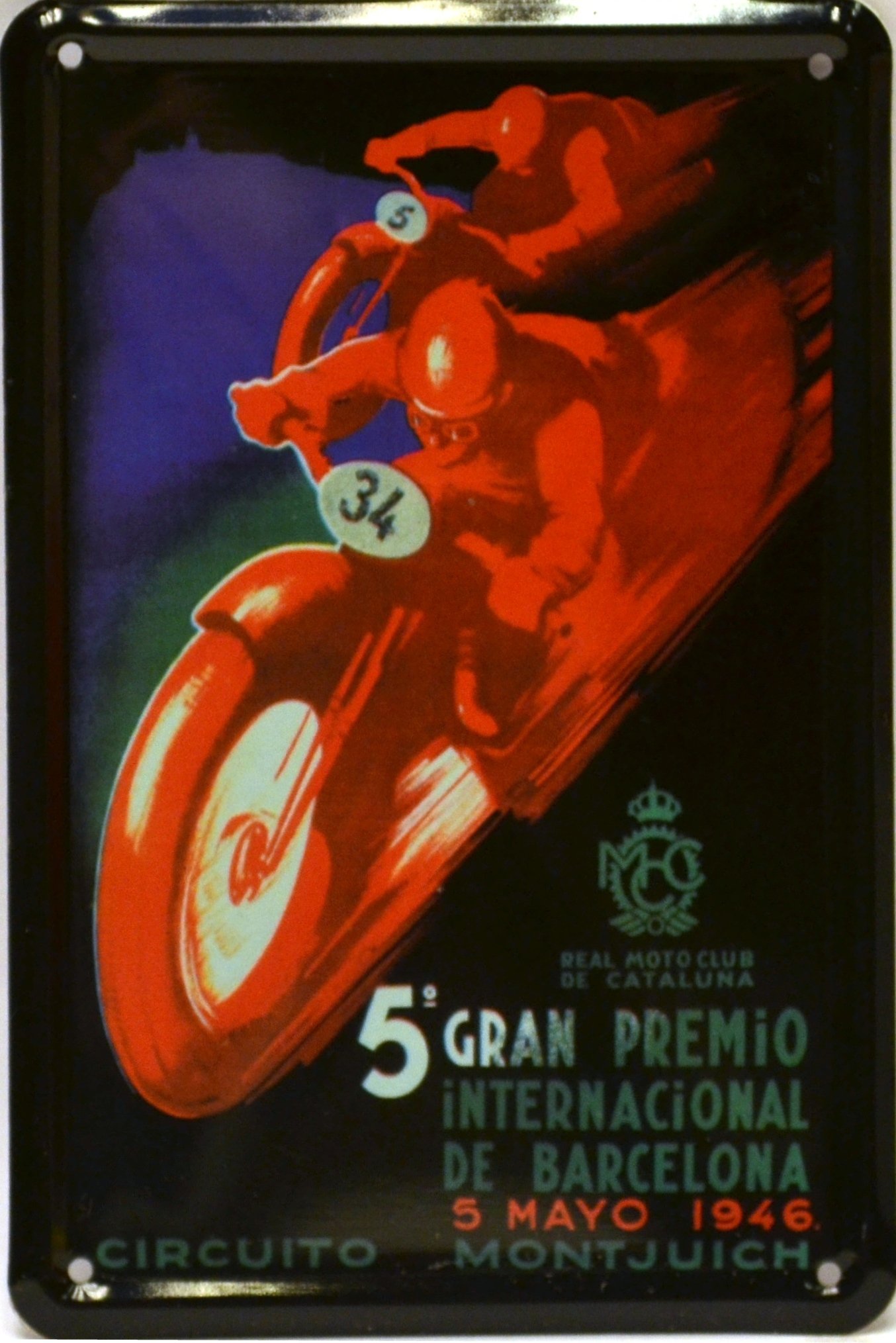 ART ESCUDELLERS Magnet tin poster sign, with retro vintage design from Catalunya/Spain. Tin sign. 4,33" X 2,76" (MOTOS GRAN PREMIO INTERNACIONAL 1946)