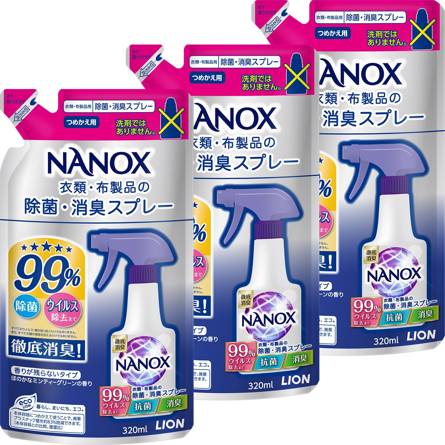 トップ ナノックス(NANOX) 【まとめ買い】 衣類・布製品 抗菌 除菌 消臭スプレー 詰め替え 320ml×3個セット商品画像
