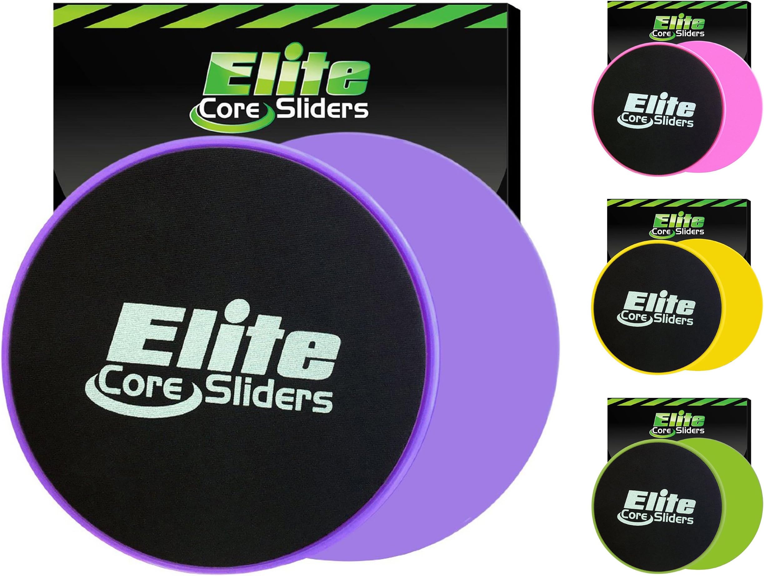 Elite Core Exercise Sliders - 4 Bright Colors - 2 Dual Sided Discs for Carpet and Hard Floors.