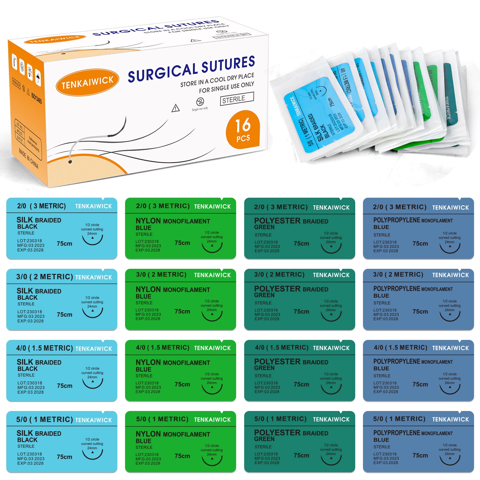 Photo 1 of 16 Packs Sutures Thread with Needle,Mixed Sutures, Training Threads (Non-Absorbable: Nylon, Polyester, Polypropylene,Silk,4 Material) for Practicing Suturing can be Used for Suture Pads, Fruit peels