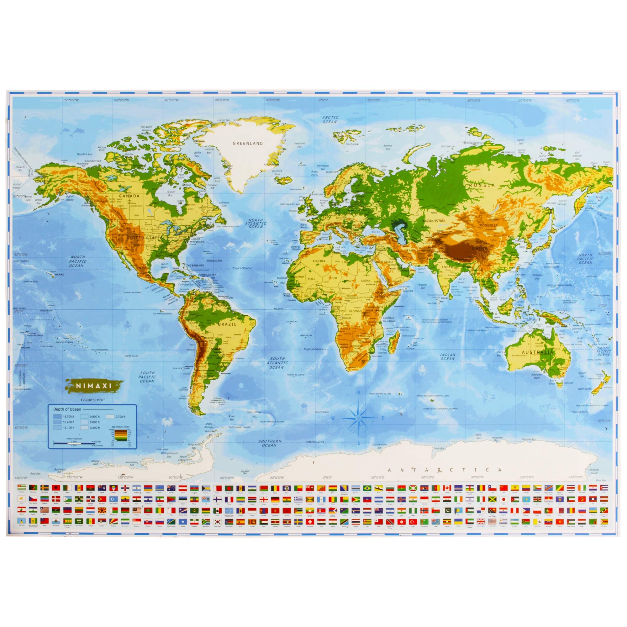 NIMAXI Mapa mundial para rascar, tamaño 83x58 cm, color: azul, alto brillo, Carta del mundo XXL con banderas para rascar gratis
