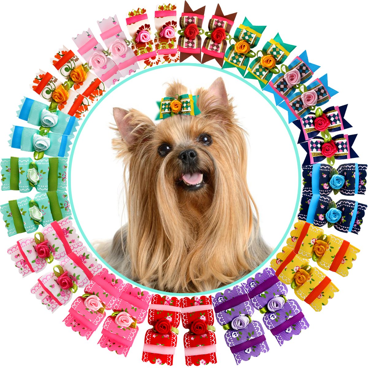 HOLLIHI 30 pcs/15 Pairs Adorable Grosgrain Ribbon Pet Dog Hair Bows with Elastic Rubber Bands - Doggy Kitty Bowknots Topknot Grooming Accessories Set for Long Hair Puppy Cat