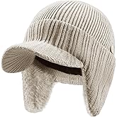 SEEK SURE Winter Hat with Visor Warm Fleece Lined Ear Protection Beanie with Brim Knit Cuff Cap for The Cold Weather, XL/XXL