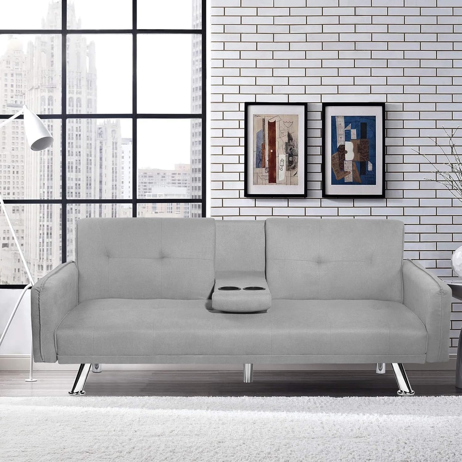 Amazon Com Small Couch For Living Room With 2 Cup Holders Pu Faux Leather Sofa Bed Recliner Couch With Metal Legs Light Grey Kitchen Dining