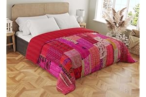 Marubhumi Handmade Cotton Quilts Kantha Blanket Indian Silk Sari Patchwork Quilts (Pink, Twin (60"x 90"))