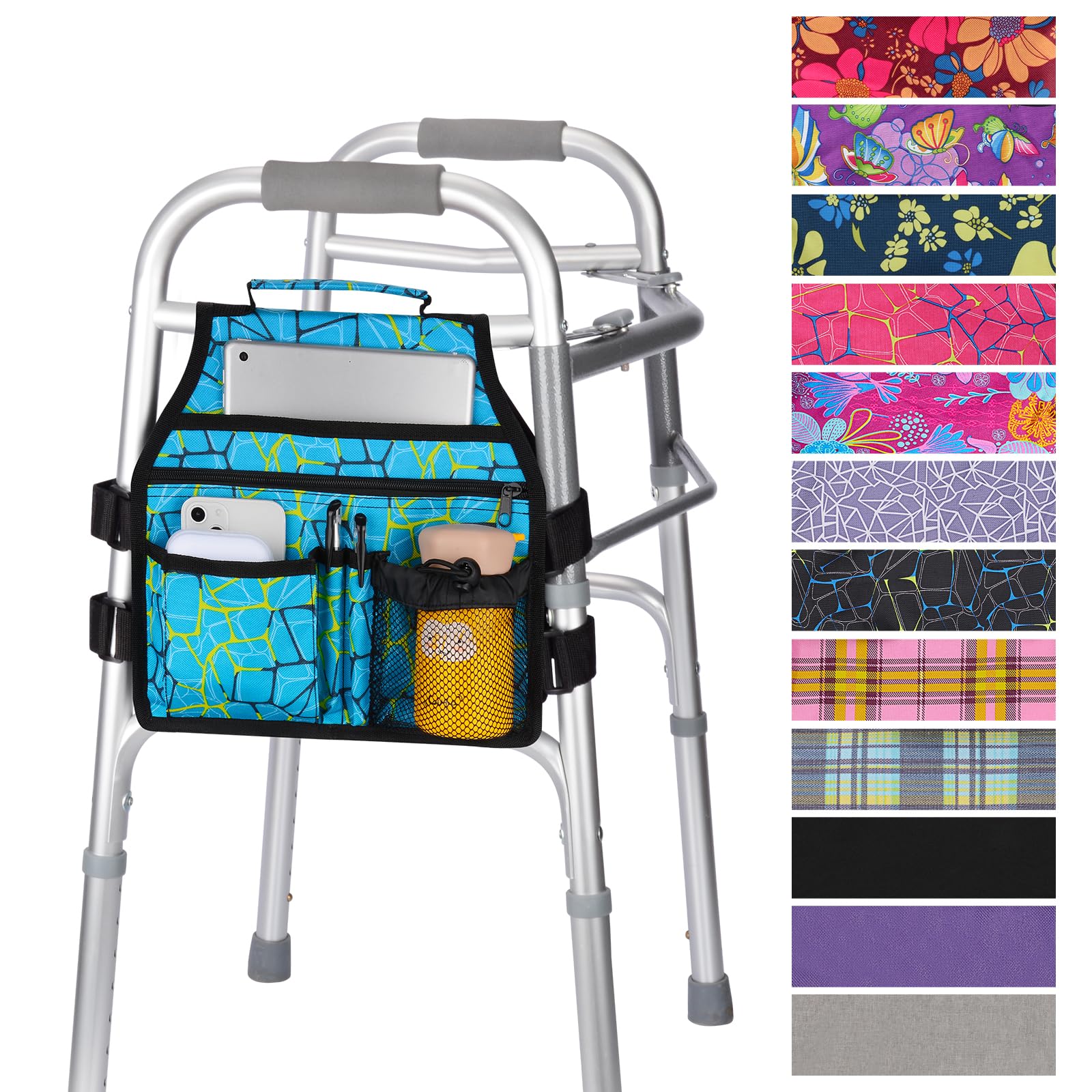 supregear Side Walker Bag, Walker Accessories Bag w/Cup Holder, Folding Walker Basket Waterproof Walker Organizer Caddy Pouch for Most Walker with Side Bar for Seniors, Elderly, Double Sided