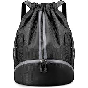 PinCute Gym Bag Drawstring Backpack for Sports, Swim, Workout, Black | Cinch Backpack with Wet Pocket and Shoe Compartment, W