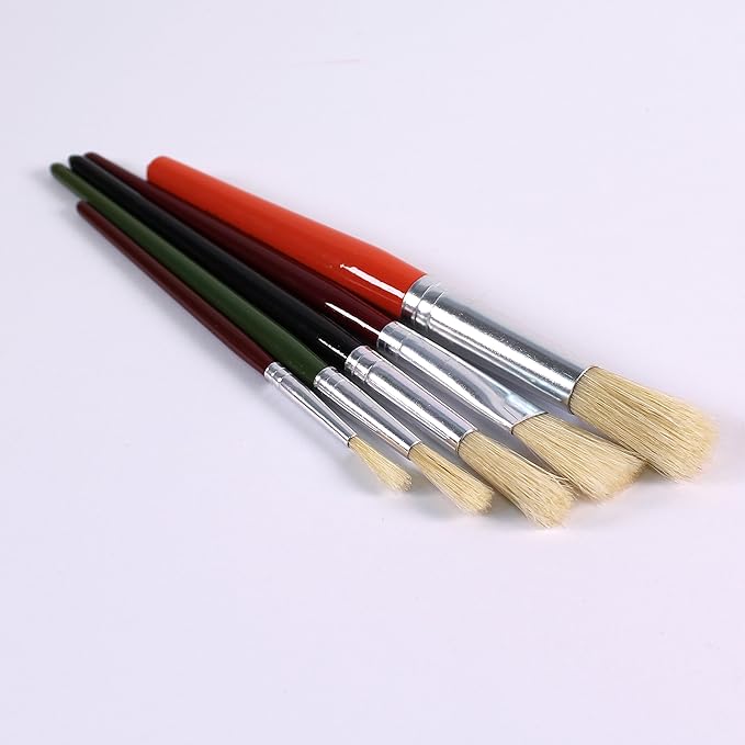 Short Handled Paint Brush Easy Hold Hog Bristle Round Tip Set of 5 Mixed Brushes by BCreative