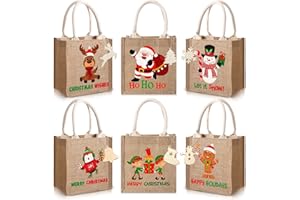 Sweetude 6 Pack Christmas Burlap Reusable Bags with Tags Christmas Gift Tote Bags with Handles Plaid Xmas Tree Santa Gingerbread Man Snowflake Candy Goodie Treat Gift Party Favors Supplies (Lovely)