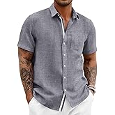 Runcati Mens Linen Button Down Shirts Casual Short Sleeve Shirt Summer Beach Wedding Tops with Pocket