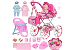 Baby Doll Stroller, Foldable Unicorn Doll Stroller with 11" Doll, Playpen, Dining Chair, 24 PCS Baby Doll Accessories,Doll Pl