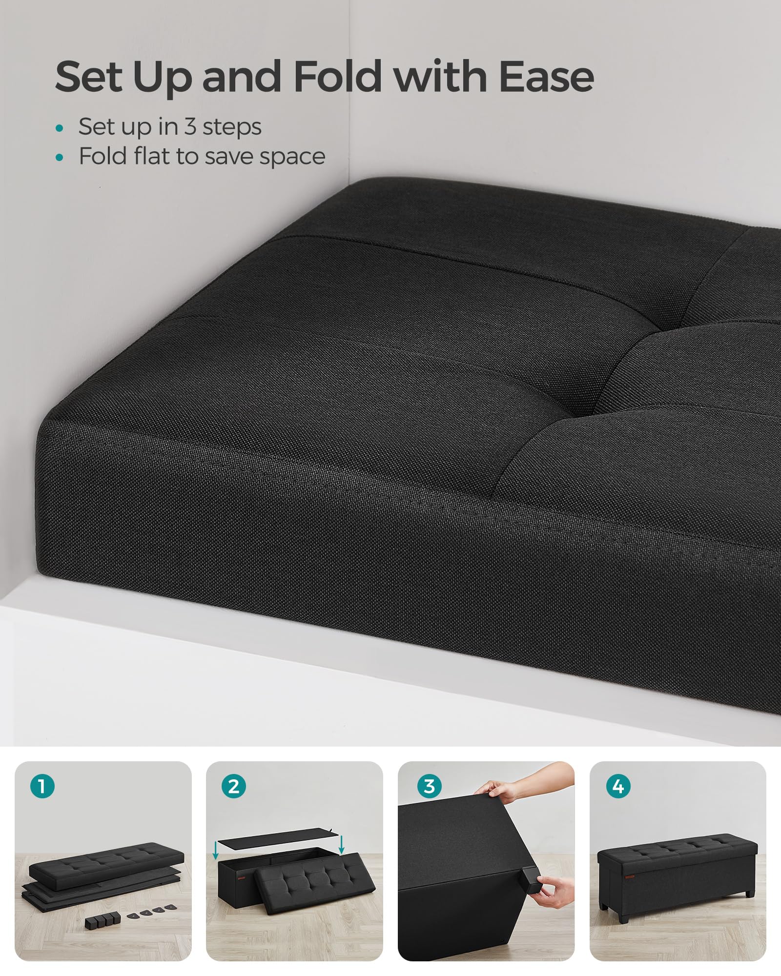 SONGMICS Storage Ottoman Bench, Foldable Foot Rest with Legs, 15 x 43 x 15.7 Inches, End of Bed Bench, Storage Chest, Load up to 660 lb, for Living Room, Bedroom, Entryway, Ink Black ULSF018B01 - Image 7