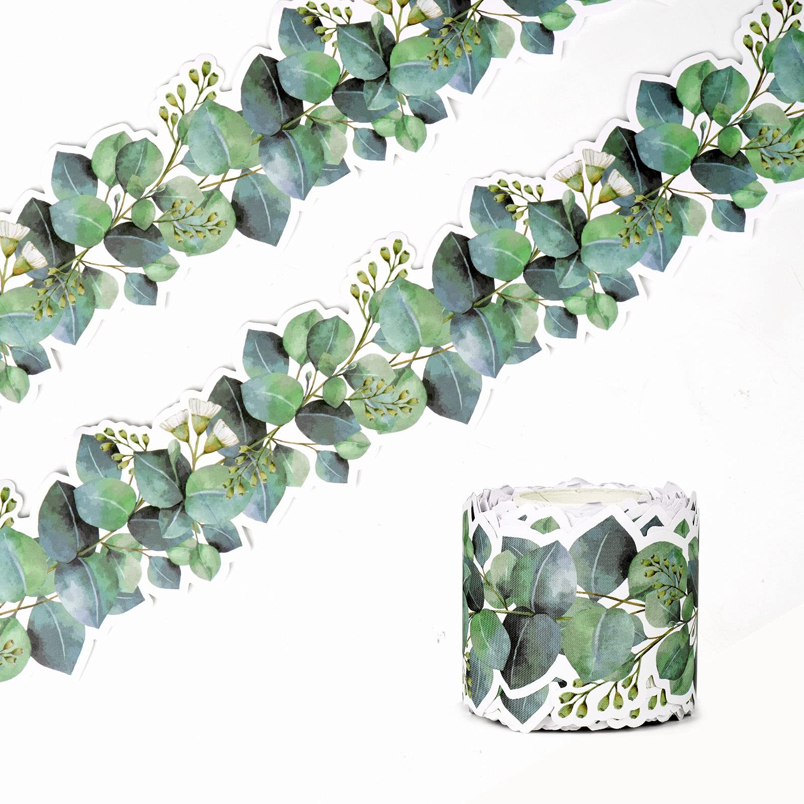 Photo 1 of 49ft Eucalyptus Die-Cut Border Trim Bulletin Board Classroom Border Trim Eucalyptus Themed Border Sticker for Photo Wall Bulletin Boards Desks Display Home and School Decorations Green