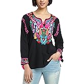 YZXDORWJ Women's Mexican Long Sleeve Blouse Embroidered Traditional V Neck Top Boho Tunic