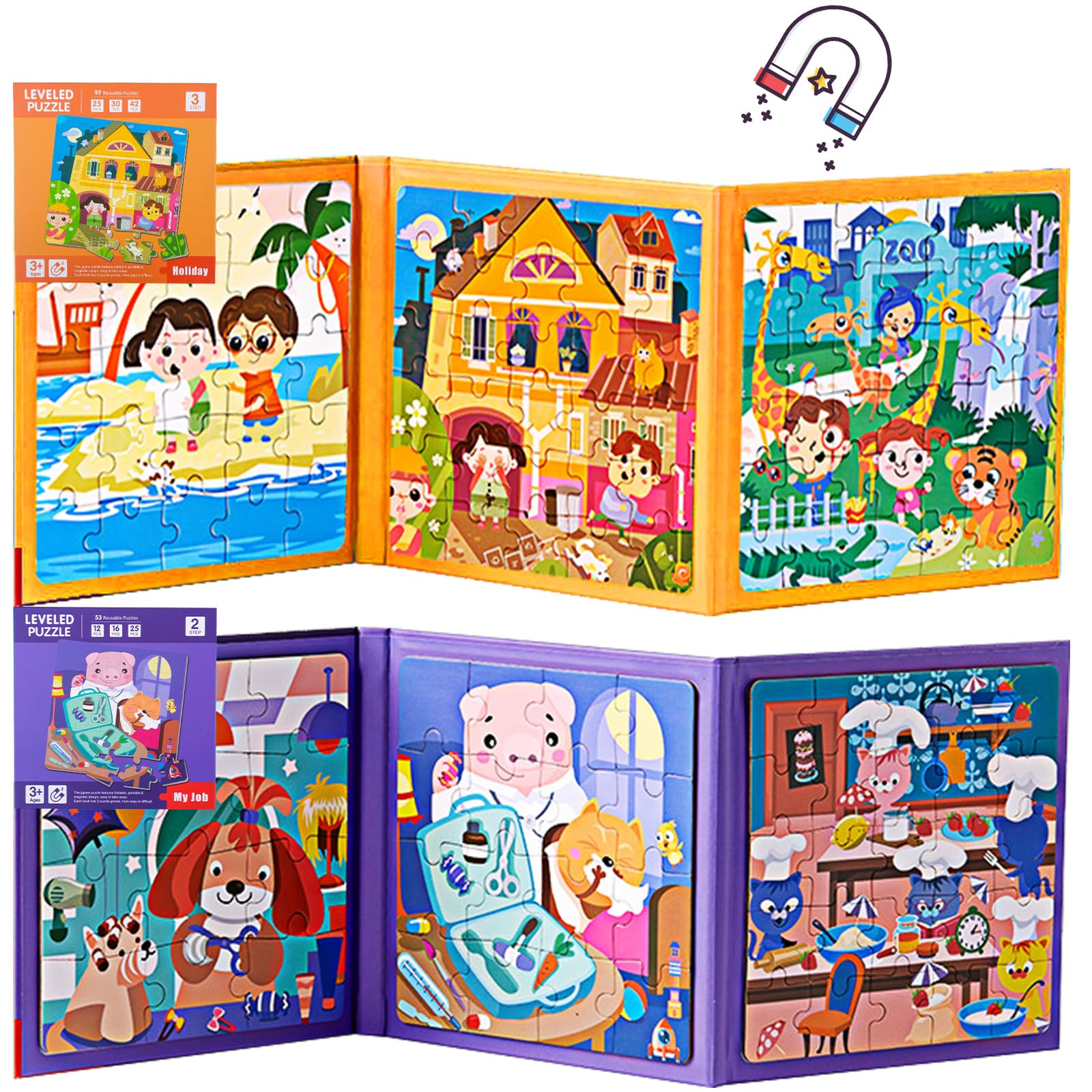 shineFinder 150 Pieces Magnetic Game Puzzle – Travel Games Children from 3 4 5 Years – for Employment on Airplane/Car Driving Children (2 Pieces, Holidays + Work)